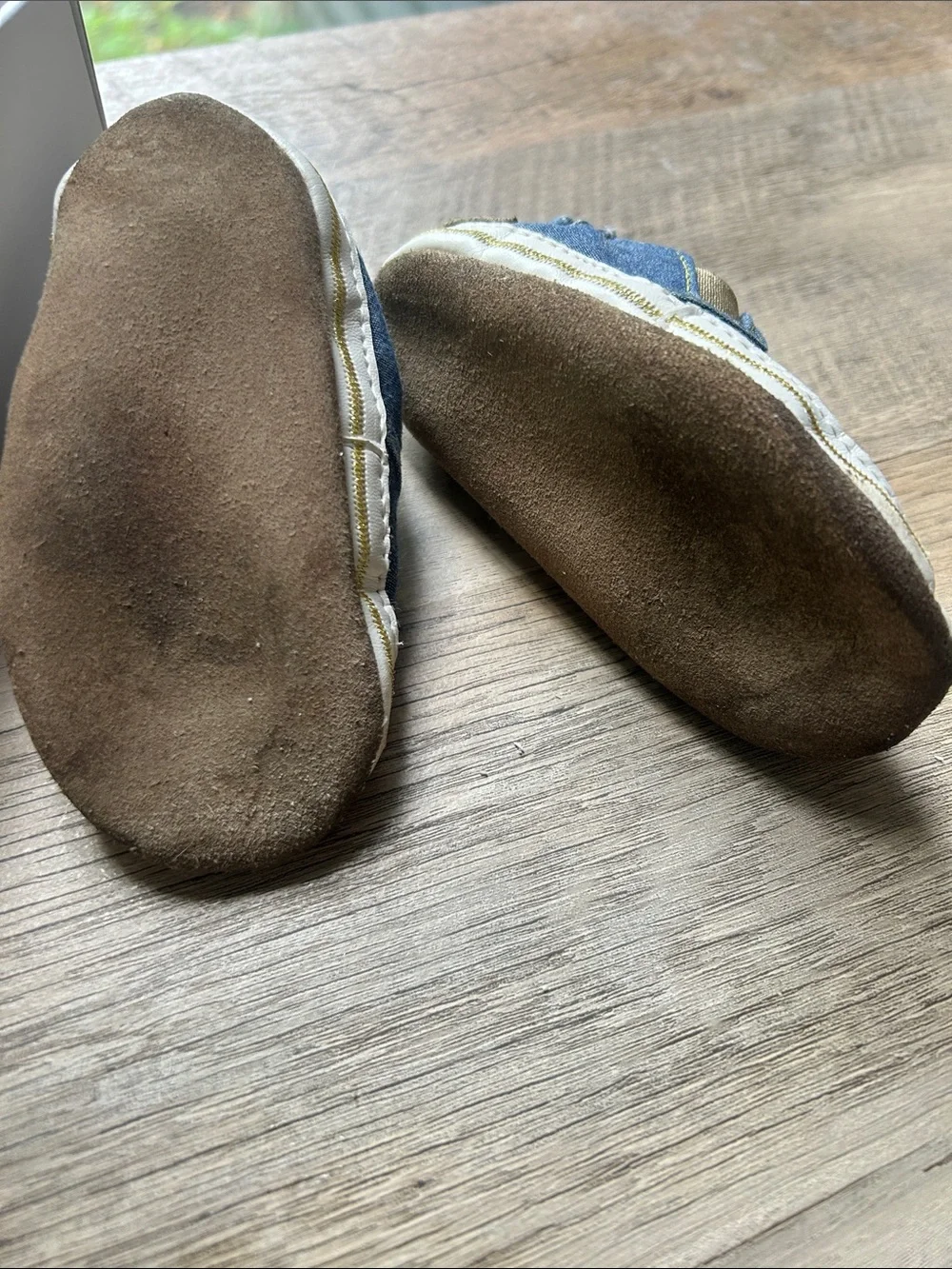 Robeez Blue Denim Slip-On Baby Shoes with Gold Dots